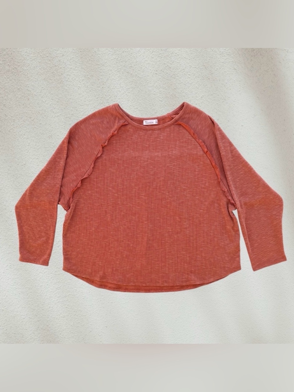 89th + Madison Striped Burnt Orange Ruffled Long Batwing Sleeve Knit Top ~ XL